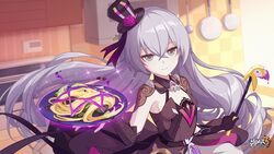  asymmetrical_gloves bangs black_dress black_gloves black_headwear breasts bronya_zaychik bronya_zaychik_(herrscher_of_reason) closed_mouth dress female gloves grey_eyes grey_hair hair_between_eyes highres holding holding_ladle holding_plate honkai_(series) honkai_impact_3rd kitchen ladle long_hair looking_at_viewer microwave mismatched_gloves official_art omelet plate sleeveless sleeveless_dress small_breasts smile solo 