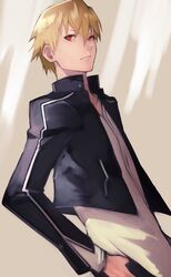  1boy absurdres black_jacket blonde_hair brown_background closed_mouth cropped_jacket dutch_angle fate/stay_night fate_(series) from_side gilgamesh_(fate) gilgamesh_(immoral_biker_jacket)_(fate) hair_between_eyes highres jacket long_sleeves male_focus official_alternate_costume open_clothes open_jacket red_eyes shirt short_hair solo thumb_in_pocket white_background white_shirt yoshio_(55level) 