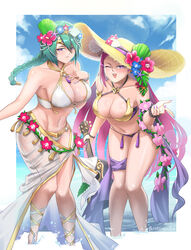  2girls abs bare_shoulders bead_bracelet beads bikini blush bracelet braid braided_ponytail breasts burnt_green_tea circlet cleavage cloud cloudy_sky fingernails fire_emblem fire_emblem_heroes flower gem gold_trim green_hair hair_flower hair_ornament hat highres instrument jewelry large_breasts linea_alba lips loki_(fire_emblem) loki_(summer)_(fire_emblem) long_hair looking_at_viewer multiple_girls navel ocean official_alternate_costume one_eye_closed open_mouth purple_bikini purple_eyes purple_hair purple_nails sarong see-through shell_hair_ornament siblings single_braid sisters sky smile stomach straw_hat sunlight swimsuit tassel thighs thorr_(fire_emblem) thorr_(summer)_(fire_emblem) ukulele water white_bikini white_sarong yellow_eyes 