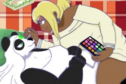  3:2 anthro bear black_body black_fur black_nose blonde_hair book breasts clothed clothing dark_body dark_skin digital_media_(artwork) duo ear_piercing ear_ring eyeshadow female female/female fur fur_markings giant_panda green_eyes hair human juushiko_(osomatsu-san) lesbians_doing_makeup lipstick long_nails lunarpanda8686 makeup makeup_kit mammal markings meme mika_(lunarpanda8686) nailpolish piercing pillow plaid ring_piercing round_ears simple_background sitting_on_another slightly_chubby ursine white_body white_fur white_hair 