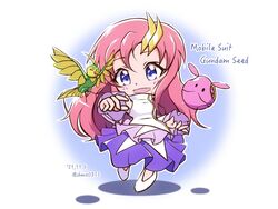  blue_eyes chibi copyright_name dated female gundam gundam_seed hair_ornament haro jacket lacus_clyne open_mouth purple_skirt robot shadow shokkaa_(shmz61312) skirt smile solo torii_(gundam) white_footwear white_jacket 