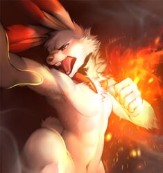  2019 action_pose angiewolf anthro buckteeth digital_media_(artwork) fire fur generation_8_pokemon light lighting male navel nintendo open_mouth pokemon pokemon_(species) pose red_body red_fur scorbunny shaded solo teeth tongue white_body white_fur 