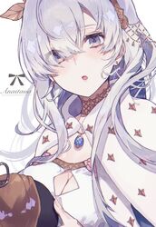  anastasia_(fate) blue_eyes breasts character_name commentary_request doll dress earrings fate/grand_order fate_(series) female gem grey_hair hair_between_eyes hair_ornament highres holding jewelry long_hair open_mouth satsuki_(miicat) simple_background viy_(fate) white_background white_dress 