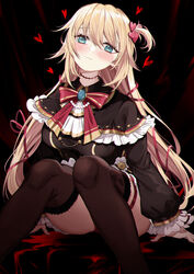  akai_haato akai_haato_(gothic_lolita) aqua_eyes black_background black_dress blonde_hair blood blush bow bowtie breasts cameo capitan_wei commentary dress female frills gothic_lolita haaton_(akai_haato) hair_ribbon heart highres hololive jewelry large_breasts lolita_fashion long_hair looking_at_viewer official_alternate_costume one_side_up red_nails ribbon simple_background sitting solo stitched_neck stitches thighhighs thighs very_long_hair virtual_youtuber 