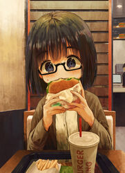  black-framed_eyewear black_hair blue_eyes brown_jacket burger burger_king chair commentary_request cup disposable_cup drinking_straw eating fast_food female food french_fries glasses highres holding holding_food indoors jacket long_sleeves mimikaki_(men_bow) on_chair open_clothes open_jacket original semi-rimless_eyewear shirt solo_focus table thick_eyebrows under-rim_eyewear upper_body white_shirt 