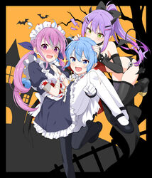  3girls absurdres bandaid bandaid_on_face biting black_thighhighs blue_hair carrying commentary demon_girl demon_tail demon_wings felutiahime green_eyes halloween head_biting highres hololive hoshimachi_suisei legs long_hair looking_at_viewer maid minato_aqua minato_aqua_(1st_costume) multiple_girls pantyhose pointing pointing_at_viewer princess_carry purple_hair startend_(hololive) stitched_face stitches tail thighhighs tokoyami_towa virtual_youtuber white_pantyhose wings zombification 