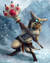  2022 ambiguous_gender anthro brown_body brown_fur capcom clothing digital_media_(artwork) domestic_cat eyewear fangs felid feline felis felyne fur goggles hat headgear headwear luxe_(artist) lynian mammal monster_hunter open_mouth snow snowing solo staff standing tan_body tan_fur teeth whiskers 