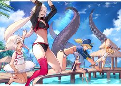  5girls absurdres ahoge alternate_costume artoria_pendragon_(fate) barefoot baseball_cap bikini black_bikini black_choker black_jacket blonde_hair blue_eyes blue_jacket blue_sky breasts casual_one-piece_swimsuit choker cloud commentary_request cropped_jacket day eyepatch_bikini facial_mark fate/grand_order fate_(series) flat_chest forehead_mark hair_through_headwear hat headpiece highres horns ibaraki_douji_(fate) ibaraki_douji_(swimsuit_lancer)_(fate) ibaraki_douji_(swimsuit_lancer)_(second_ascension)_(fate) innertube jacket jeanne_d&#039;arc_alter_(fate) jeanne_d&#039;arc_alter_(swimsuit_berserker)_(fate) jeanne_d&#039;arc_alter_santa_lily_(fate) jumping large_breasts long_hair low-tied_long_hair medium_breasts midair minamoto_no_raikou_(fate) minamoto_no_raikou_(swimsuit_lancer)_(fate) multiple_girls mysterious_heroine_xx_(fate) navel o-ring o-ring_bikini o-ring_bottom o-ring_top ocean one-piece_swimsuit oni oni_horns outdoors palm_tree parted_bangs pier pointy_ears purple_bikini purple_eyes purple_hair red_legwear shrug_(clothing) side-tie_bikini_bottom single_thighhigh sitting sky small_breasts swim_ring swimsuit tentacle thigh_strap thighhighs tree very_long_hair water white_bikini white_hair white_one-piece_swimsuit wristband yellow_eyes yoshio_(55level) zipper_pull_tab 