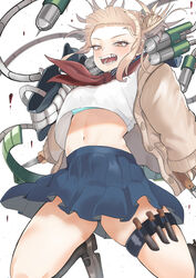  bags_under_eyes black_socks blonde_hair blood blue_sailor_collar blue_skirt blunt_bangs boku_no_hero_academia bra bra_peek brown_footwear canister cardigan double_bun fangs female hair_bun highres hose kneehighs knife loafers messy_hair midriff narrowed_eyes navel neckerchief open_cardigan open_clothes open_mouth pleated_skirt pouch red_neckerchief sailor_collar school_uniform serafuku shoes sidelocks simple_background skirt slit_pupils socks solo syringe tank_(container) teeth thigh_pouch thigh_strap thighs toga_himiko underwear white_background yellow_cardigan yellow_eyes zd_(pixiv6210083) 