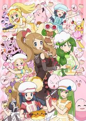  6+girls :d absurdres ace_trainer_(pokemon) alcremie alcremie_(strawberry_sweet) alternate_color alternate_costume apron arms_up baking_sheet black_dress blissey blonde_hair blue_eyes bow braid braided_ponytail bright_pupils cheryl_(pokemon) chocolate clefairy closed_eyes clothed_pokemon commentary_request cosplay dawn_(palentine&#039;s_2021)_(pokemon) dawn_(pokemon) dawn_(pokemon)_(cosplay) dedenne dress eating exeggcute eyelashes facepaint floating_hair granbull green_eyes green_hair hairbow hat heart highres holding holding_knife icing knife licking licking_finger lillie_(pokemon) long_hair looking_back mina_(pokemon) mixing_bowl multiple_girls official_alternate_costume open_mouth oven_mitts pikachu pokemoa pokemon pokemon_(creature) pokemon_dppt pokemon_masters_ex pokemon_oras pokemon_sm ponytail serena_(palentine&#039;s_2021)_(pokemon) serena_(pokemon) short_sleeves smile stirring sunglasses tongue whimsicott white_headwear yellow_dress 