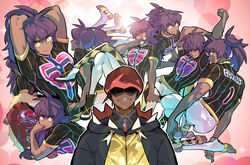  2boys absurdres black_hoodie bright_pupils cape champion_uniform closed_mouth collared_shirt commentary dark-skinned_male dark_skin facial_hair fur-trimmed_cape fur_trim grin headband highres hood hood_down hoodie leggings leon_(pokemon) long_hair male_focus multiple_boys orange_headband pokemon pokemon_swsh purple_hair raihan_(pokemon) red_cape redlhzz shield_print shirt short_sleeves smile sweat sword_print symbol-only_commentary teeth toes yellow_eyes 