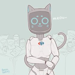  1:1 anthro anthrofied bellabot beverage_can carrefour cat_tail chips_(food) cybernetics damienkamien dark_tail domestic_cat ears_up felid feline felis female food hi_res kerfus logo looking_at_viewer machine mall mammal owo pudu_robotics robotic screen screen_face solo store text white_body 