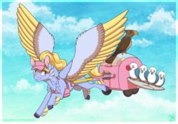  avian bag bird blonde_hair cart cloud equid equine female feral fifi_(mlp) flying group hair hasbro hi_res inuhoshi-to-darkpen mammal my_little_pony my_little_pony:_tell_your_tale mythological_creature mythological_equine mythology pegasus quadruped two_tone_wings visor wings 