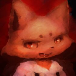  1:1 abstract_background anthro canid canine clothed clothing fangs female fur hasukii herba_(hasukii) looking_at_viewer mammal open_mouth orange_body orange_fur portrait red_eyes solo suspender_skirt teeth 