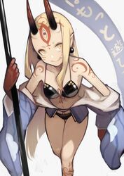  absurdres bare_legs bare_shoulders bikini black_bikini blonde_hair blue_kimono blue_sky breasts earrings facial_mark fate/grand_order fate_(series) female forehead_mark highres holding holding_weapon horns ibaraki_douji_(fate) ibaraki_douji_(swimsuit_lancer)_(fate) ibaraki_douji_(swimsuit_lancer)_(first_ascension)_(fate) japanese_clothes jewelry kimono leaning_forward leg_tattoo long_hair looking_at_viewer navel oerba_yun_fang off_shoulder oni oni_horns outside_border pointy_ears shoulder_tattoo simple_background sky smile solo swimsuit tattoo translated very_long_hair weapon white_background yellow_eyes yoshio_(55level) 