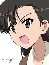  artist_name asymmetrical_bangs black_eyes black_hair brown_jacket bukkuri chi-hatan_military_uniform commentary dated female frown girls_und_panzer highres jacket long_hair looking_to_the_side nishi_kinuyo open_mouth portrait signature simple_background solo straight_hair white_background 