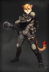  absurd_res activision anthro armor artist_name backpack blue_eyes boots bulletproof_vest call_of_duty call_of_duty:_modern_warfare_2 clothing combat_gear countershade_face countershade_tail countershading digital_media_(artwork) dipstick_tail elbow_pads english_text felid feline footwear fur gatling_gun grey_background gun hi_res inner_ear_fluff juggernaut knee_pads looking_aside machine_gun male mammal markings military minigun modern_warfare_(series) pgm300 protective_gear ranged_weapon shaded shoulder_guards shoulder_pads signature simple_background soldier solo tail tail_markings text topwear tuft vest warrior weapon yellow_body yellow_fur 