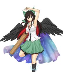  abyss_arts arm_cannon arm_over_head atom bird_wings black_hair black_socks black_wings blouse bow breasts brown_eyes cape collared_shirt control_rod female frilled_skirt frills green_bow green_skirt hairbow highres kneehighs large_breasts long_hair multicolored_hair red_hair reiuji_utsuho shirt simple_background skirt sleeveless sleeveless_shirt socks solo standing standing_on_one_leg starry_sky_print third_eye touhou weapon white_background white_shirt wings 