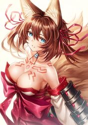  animal_ears armor bare_shoulders blue_eyes blush bow breasts brown_hair caleen_keemosn cleavage collarbone cowboy_shot detached_sleeves female fox_ears fox_girl fox_tail hair_between_eyes hair_ribbon highres japanese_clothes jewelry large_bow long_hair long_sleeves looking_at_viewer necklace oyu_udon parted_lips pink_bow red_ribbon ribbon simple_background smile solo star_ocean star_ocean_anamnesis strapless tail tattoo two_side_up upper_body white_background 