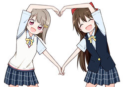  2girls :d ^_^ absurdres arms_up bare_legs beige_cardigan black_skirt blue_shirt blue_vest bob_cut bow brown_hair buttons cardigan closed_eyes commentary cowboy_shot crescent crescent_hair_ornament grey_hair hair_ornament hairbow hairclip heart heart_arms_duo highres long_hair looking_at_viewer love_live! love_live!_nijigasaki_high_school_idol_club miyamaki multiple_girls nakasu_kasumi necktie nijigasaki_school_uniform open_mouth osaka_shizuku plaid plaid_skirt red_bow red_eyes school_uniform shirt short_hair short_sleeves simple_background skirt smile symbol-only_commentary vest white_background yellow_necktie 