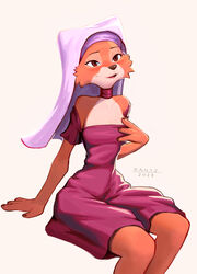  2023 4_fingers absurd_res anthro arm_support artist_name breasts brown_eyes brown_nose canid canine cheek_tuft choker claws clothed clothing collarbone countershade_face countershade_torso countershading dany-j dated digital_media_(artwork) disney dress eyebrows eyelashes facial_tuft female fingers fox fur hand_on_breast headdress hi_res jewelry maid_marian mammal multicolored_body multicolored_fur necklace orange_body orange_fur red_fox robin_hood_(disney) shoulderless_clothing shoulderless_dress simple_background sitting solo tan_body tan_fur true_fox tuft two_tone_body two_tone_fur white_background 