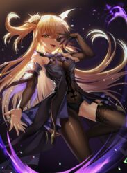  :d bad_id bad_pixiv_id black_gloves black_ribbon black_thighhighs blonde_hair bodystocking bow bowtie brown_sleeves chuunibyou crossed_bangs elbow_gloves eyepatch female fischl_(genshin_impact) fishnet_top fishnets garter_straps genshin_impact gloves green_eyes gz_(gyoju) hair_over_one_eye hair_ribbon highres long_hair looking_at_viewer open_mouth purple_bow purple_bowtie ribbon sidelocks single_elbow_glove single_glove single_leg_pantyhose single_thighhigh smile solo standing thighhighs two_side_up 