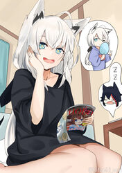  2girls ahoge alternate_costume animal_ears bare_legs black_hair black_shirt blue_eyes braid breasts cameo casual commentary fox_ears grey_hair hand_on_own_cheek hand_on_own_face highres hitachi_sou holding holding_magazine hololive hoshimachi_suisei indoors japanese_clothes kimono long_hair magazine_(object) multiple_girls obi ookami_mio open_mouth sash shirakami_fubuki shirt side_braid sitting sleeping small_breasts smile solo_focus sparkling_eyes spoken_character t-shirt table thighs tokino_sora twitter_username virtual_youtuber white_hair wolf_ears zzz 