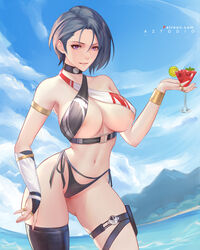  areola_slip artist_name asymmetrical_hair aztodio bikini bikini_bottom_only black_hair blue_sky breasts cleavage cloud commentary cowboy_shot criss-cross_halter drink english_commentary female fire_emblem fire_emblem:_three_houses halterneck highres holding holding_drink large_breasts multi-strapped_bikini navel ocean outdoors patreon_username red_eyes revision rock shamir_nevrand short_hair side-tie_bikini_bottom single_thighhigh sky solo swimsuit thigh_strap thighhighs underbust web_address 