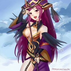  bare_shoulders braid braided_ponytail breasts chocojax cleavage cloud cloudy_sky detached_collar dress feather_trim female fire_emblem fire_emblem_heroes garter_straps hair_ornament hat highres holding holding_staff large_breasts lips loki_(fire_emblem) long_hair looking_at_viewer no_panties open_mouth plunging_neckline purple_eyes purple_hair sky smile solo staff tassel thighs 