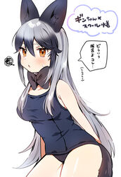  alternate_costume animal_ears arms_behind_back bad_id bad_twitter_id bare_arms bare_legs bare_shoulders black_bow black_bowtie black_hair blue_one-piece_swimsuit blush bow bowtie commentary cowboy_shot female fox_ears fox_girl fox_tail grey_hair highres kemono_friends long_hair multicolored_hair one-piece_swimsuit orange_eyes school_swimsuit silver_fox_(kemono_friends) solo spoken_squiggle squiggle suicchonsuisui swimsuit tail translated 