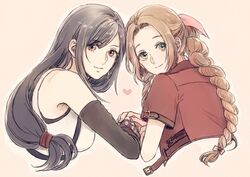  2girls aerith_gainsborough ancotsubu asymmetrical_bangs belt black_hair braid braided_ponytail breasts brown_hair cropped_jacket final_fantasy final_fantasy_vii final_fantasy_vii_remake fingerless_gloves gloves green_eyes hair_ribbon heart holding_hands jacket large_breasts long_hair low-tied_long_hair multiple_girls parted_bangs red_eyes red_jacket ribbon shirt sidelocks sports_bra suspenders tifa_lockhart upper_body white_shirt 