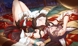  absurdres animal animal_ears arm_up armpits bangle bare_shoulders black_dress bracelet breasts brown_hair bupa_chila chinese_clothes cleavage detached_sleeves dress female folding_fan fox fox_ears fox_girl fox_tail green_eyes hand_fan highres holding honkai:_star_rail honkai_(series) jewelry knees_up large_breasts long_hair looking_at_viewer lying on_back open_mouth pelvic_curtain short_dress smile solo tail thighs tingyun_(honkai:_star_rail) 