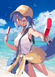  absurdres azuumori bag beach bird blue_hair blue_sky boat breasts cloud cloudy_sky double_popsicle female fins fish_tail food hat highres horizon looking_at_viewer mako_(azuumori) medium_breasts multicolored_hair one_eye_closed open_mouth original outdoors popsicle red_eyes sailboat shark_girl shark_tail shoulder_bag sky smile solo tail tank_top water watercraft white_tank_top 