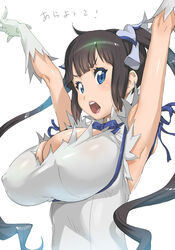  arms_up black_hair blue_eyes blue_ribbon breasts cleavage_cutout clothing_cutout commentary_request covered_nipples dress dungeon_ni_deai_wo_motomeru_no_wa_machigatteiru_darou_ka female gloves hestia_(danmachi) highres huge_breasts kotoyoshi_yumisuke long_hair looking_at_viewer rei_no_himo ribbon simple_background solo translation_request twintails upper_body white_background white_dress white_gloves 