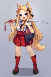  :d abigail_williams_(fate) animal_ear_fluff animal_ears bag blonde_hair blue_eyes blush breasts commentary cosplay extra_ears fate/extra fate/extra_ccc fate/extra_ccc_fox_tail fate/grand_order fate_(series) female forehead fox_ears fox_tail full_body highres katana long_hair looking_at_viewer miya_(miyaruta) oerba_yun_fang open_mouth parted_bangs red_skirt shirt short_sleeves shoulder_bag skin_fang skirt small_breasts smile solo stuffed_animal stuffed_toy suzuka_gozen_(fate) suzuka_gozen_(fate)_(cosplay) sword tail teddy_bear weapon white_shirt 