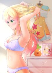  armpits arms_up blonde_hair blush bra breasts cleavage closed_mouth clothes_hanger commentary_request cowboy_shot drawing_(object) dress female from_side gradient_hair green_eyes groin hair_down highres holofive hololive light_rays long_hair looking_away mano_aloe medium_breasts momosuzu_nene morning multicolored_hair nekko_(momosuzu_nene) omaru_polka panties pink_hair shishiro_botan smile solo sunbeam sunlight tying_hair typho underwear underwear_only unworn_clothes unworn_dress virtual_youtuber white_bra white_panties yukihana_lamy 