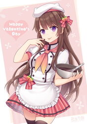  :p apron beret black_thighhighs bow bowl breasts brown_hair chocolate chocolate_on_hand closed_mouth commentary_request female food-themed_hair_ornament food_on_hand frilled_apron frills hair_ornament hairbow hand_up happy_valentine hat heart hitsuki_rei holding holding_bowl long_hair medium_breasts pleated_skirt puffy_short_sleeves puffy_sleeves shirt short_sleeves skirt smile snowdreams_-lost_in_winter- solo strawberry_hair_ornament striped_bow striped_clothes striped_skirt thighhighs tongue tongue_out two_side_up vertical-striped_clothes vertical-striped_skirt very_long_hair waist_apron whisk white_apron white_hat white_shirt xia_qianfan 