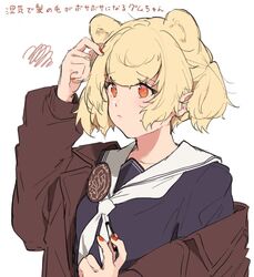  animal_ears aogisa arknights bad_id bad_twitter_id blonde_hair brown_jacket closed_mouth extra_ears female gummy_(arknights) hair_ornament jacket looking_away medium_hair nail_polish open_clothes open_jacket red_eyes school_uniform solo translated upper_body white_background 