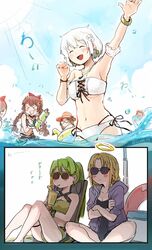  6+girls alina_gray alina_gray_(swimsuit_costume) amane_tsukasa amane_tsukasa_(swimsuit_ver.) amane_tsukuyo azusa_mifuyu azusa_mifuyu_(swimsuit_costume) bare_shoulders bikini blonde_hair blush bow braid breasts brown_hair closed_mouth cocktail_glass commentary cup drinking_glass earrings english_commentary flower green_hair hair_between_eyes hair_flower hair_ornament hairbow halo hand_up highres hiiragi_nemu jewelry long_hair looking_at_viewer magia_record:_mahou_shoujo_madoka_magica_gaiden mahou_shoujo_madoka_magica multiple_girls navel necklace official_alternate_costume open_mouth ponytail satomi_touka short_hair sidelocks silverxp smile sunglasses swimsuit twin_braids very_long_hair white_flower white_hair yellow_bikini yukino_kanae 