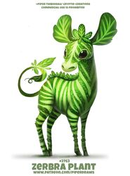  ambiguous_gender beady_eyes brown_eyes digital_media_(artwork) digital_painting_(artwork) elemental_creature english_text equid equine feral flora_fauna green_body humor leaf mammal piper_thibodeau plant pun simple_background solo text url visual_pun white_background zebra zebra_plant 