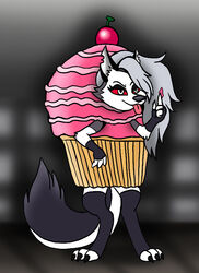  anthro blurred_background canid canid_demon canine cherry clothing costume cupcake cupcake_costume demon detailed_background female fingerless_gloves food food_costume fruit gloves handwear hellhound helluva_boss legwear loona_(helluva_boss) mammal mythological_canine mythological_creature mythology plant solo standing thigh_highs tongue tongue_out vixdojofox 