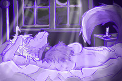  2022 anthro azee_(links) blonde_hair canid canine canis collar colored coyote farfener female fur hair happy links mammal night nude outline peaceful purple_theme shiyan_(links) slave sleeping the_auroran_archives wolf 