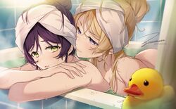  2girls aqua_eyes ayase_eli bare_shoulders bath bathing bathtub blonde_hair blue_eyes blush breasts cleavage commentary_request completely_nude crossed_arms green_eyes hair_between_eyes hair_bun hair_up highres large_breasts long_hair looking_at_another love_live! love_live!_school_idol_project multiple_girls nude parted_bangs parted_lips partially_submerged purple_hair rubber_duck same-sex_bathing shared_bathing single_hair_bun swept_bangs tile_wall tiles tojo_nozomi towel towel_on_head water wet yuri zawawa_(satoukibi1108) 