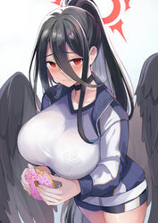  black_hair black_wings blue_archive blue_jacket blue_shorts blush breasts choker collarbone doughnut feathered_wings female food gym_uniform hair_between_eyes halo hasumi_(blue_archive) hasumi_(track)_(blue_archive) high_ponytail highres huge_breasts jacket konka long_hair long_sleeves looking_at_viewer low_wings mole mole_under_eye official_alternate_costume red_eyes shirt short_shorts shorts simple_background solo thighs very_long_hair white_background white_shirt wings 