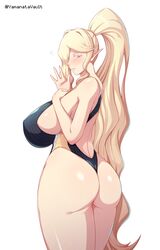  artist_name ass backless_swimsuit blonde_hair blush breasts colored_eyelashes commentary competition_swimsuit english_commentary female flying_sweatdrops from_behind hand_on_own_chest highres huge_breasts kulve_taroth legs_together long_hair looking_at_viewer looking_back monster_hunter:_world monster_hunter_(series) one-piece_swimsuit personification pointy_ears ponytail sideboob simple_background solo standing swimsuit very_long_hair white_background yamanata 