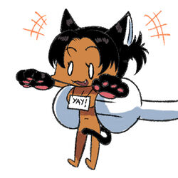  animal_ears animal_hands arung_samudra_(cessa) barefoot black_hair cat_ears cat_paws cat_tail cessa chibi convenient_censoring dark-skinned_female dark_skin english_text fake_animal_ears fangs female gloves holding_person lowres navel no_nose nude ombok_diving_and_delivery_services open_mouth paw_gloves sign simple_background smile tail white_background 