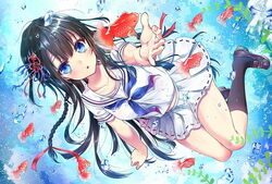  aqua_eyes black_hair blue_eyes female fish full_body goldfish hair_ornament looking_at_viewer md5_mismatch original resolution_mismatch rotated school_uniform shirt skirt solo tetsu_tissue water white_shirt white_skirt 