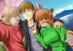  animal_ears anthro basitin big_ears breasts claws felid female flora_(twokinds) green_eyes group human keidran keith_keiser male mammal mamoribito pantherine smile tail tiger trio twokinds 