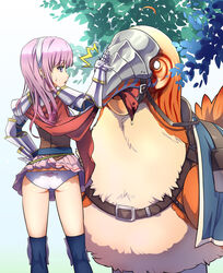  accidental_exposure animal armor ass barding belt bird black_belt black_thighhighs cape commentary_request feet_out_of_frame female gauntlets heart heart_panties heart_print kawagoe_pochi kneehighs long_hair looking_to_the_side lord_knight_(ragnarok_online) miniskirt open_mouth over-kneehighs oversized_animal panties pauldrons peco_peco pink_eyes pink_hair pink_skirt print_panties ragnarok_online red_cape saddle shoulder_armor skirt socks spiked_gauntlets thighhighs tree underwear white_panties 