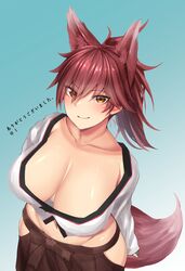  absurdres animal_ears azur_lane breasts collarbone commission female fox_ears fox_girl fox_tail from_above gradient_background hair_between_eyes hakama highres hip_vent ise_(azur_lane) japanese_clothes large_breasts long_sleeves looking_at_viewer midriff miso_tanuki navel orange_eyes red_hair red_hakama skeb_commission skirt smile solo tail 